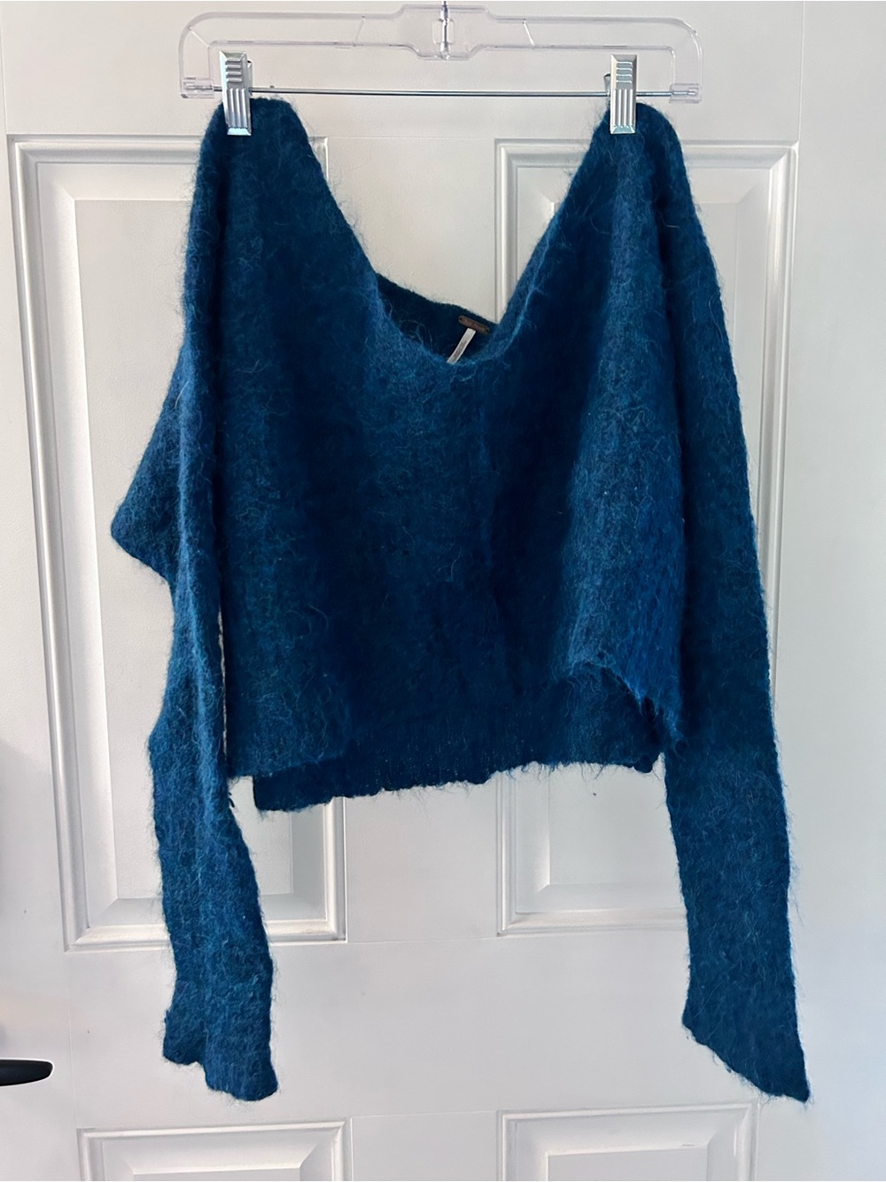 Free People Fuzzy Off-Shoulder Sweater in Teal